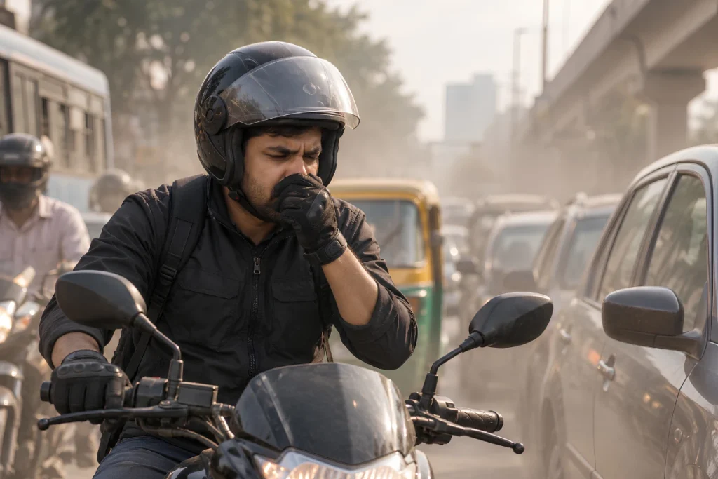 Sinus Problems for Bike Riders - Bike rider wearing a protective mask and visor to reduce sinus problems for bike riders