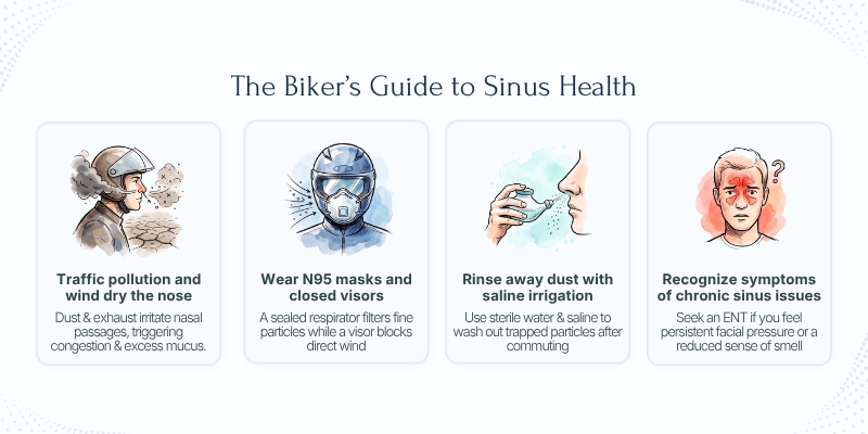 Sinus Problems for Bike Riders - Bike rider wearing a protective mask and visor to reduce sinus problems for bike riders - The Biker's Guide to Sinus Health