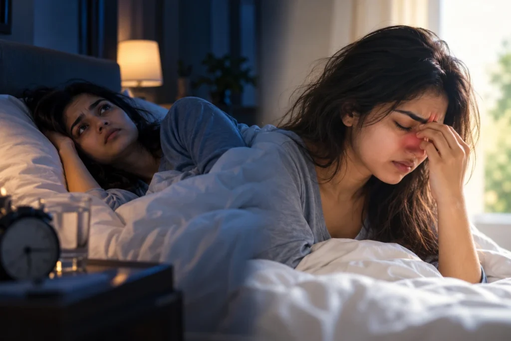 Sleep Deprivation and Sinus Infections - A tired female rubbing their forehead in bed at night, illustrating sleep deprivation and sinus infections